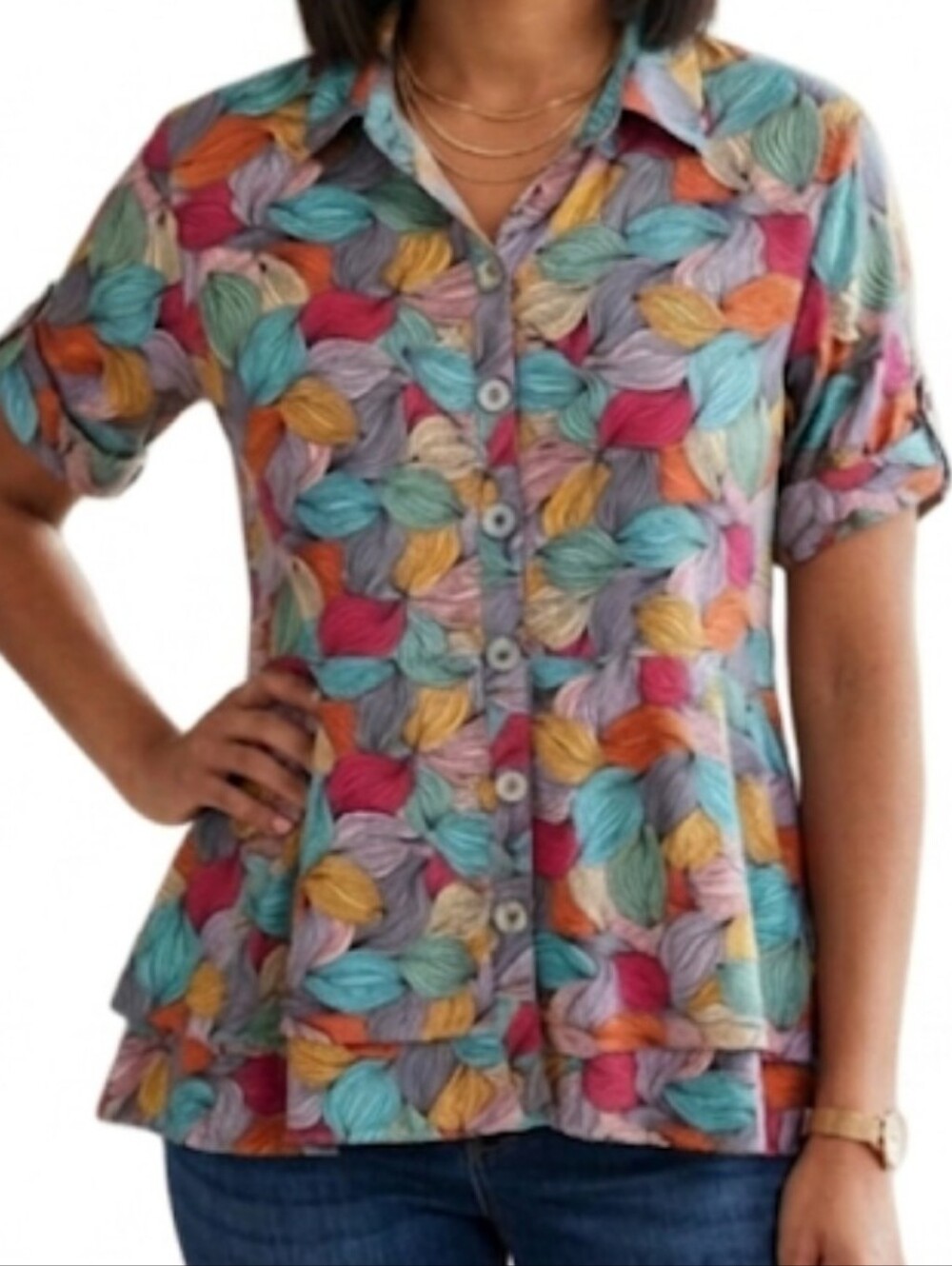 Parsley & Sage Multicolor Leaf-Pattern Blouse in Aqua and Mustard Size Large